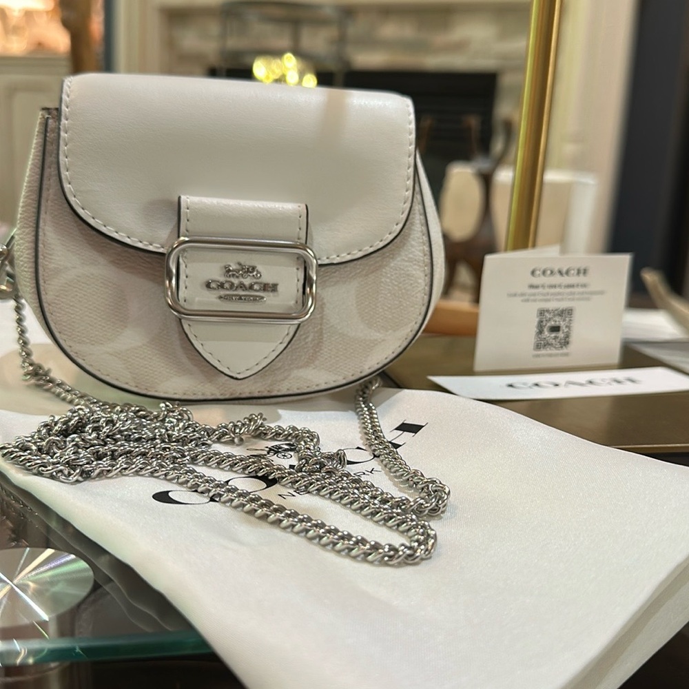 Authentic Coach Morgan Card Case on a Chain Strap in Chalk Signature Canvas